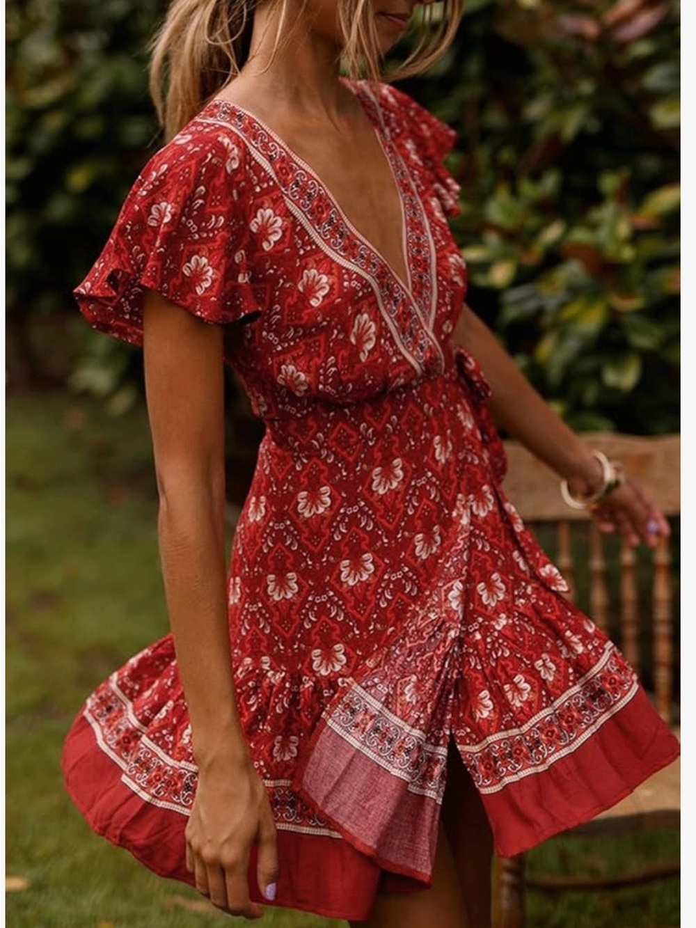 Boho Red Floral Wrap Midi Dress with Waist Tie